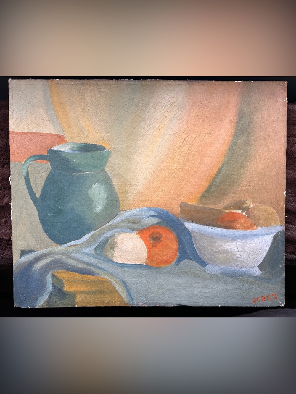 VTG 18x15 Primitive Still Life Painting of Pitcher Bowl Fruit  Artist Jerez